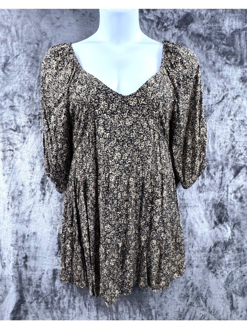 Millibon Finley Women's L Black Tan Floral Off Shoulder Babydoll Dress NWT